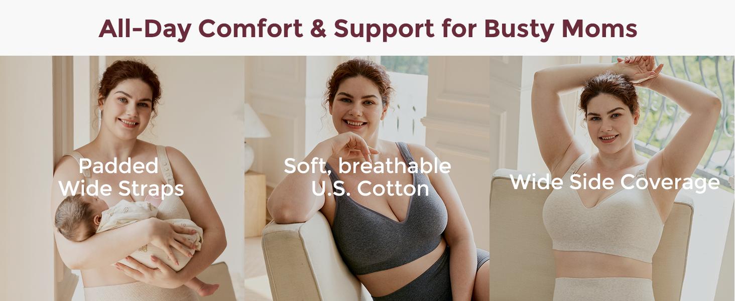 Momcozy Busty Nursing Bras, U.S.Cotton Wirefree Fixed Padded Maternity Bra, Full Coverage Adjustable Fit