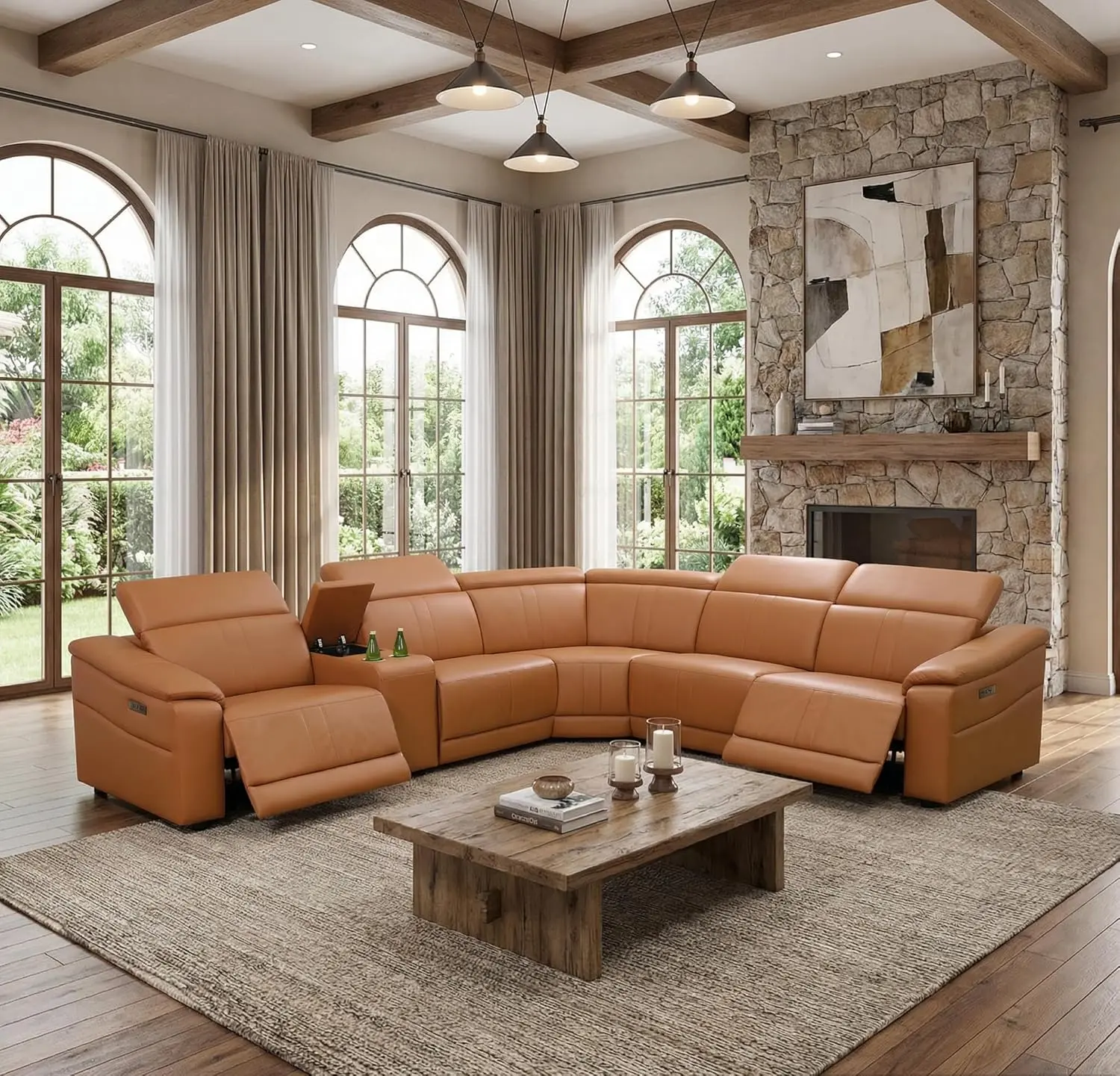 Breathable Leather Power Recliner Sectional Couch with Storage Console, Cup Holders, USB Ports - Indoor Living Room Corner Sofa Furniture Set for Home Use
