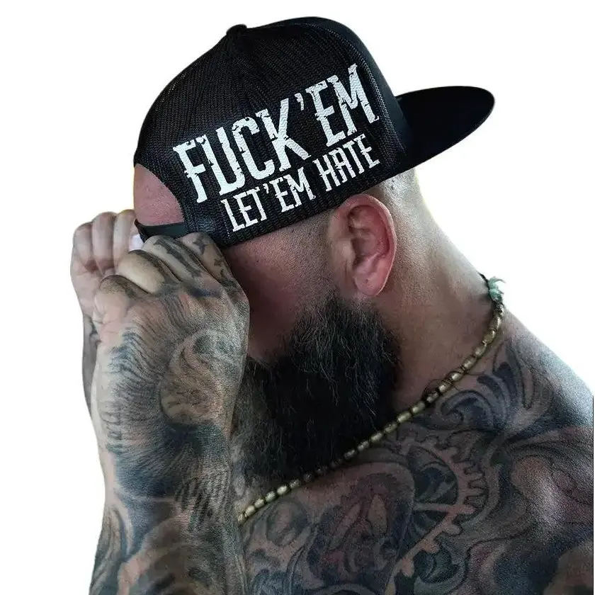 The Drive Clothing "LET 'EM HATE" Black Baseball Cap Adjustable - Cotton Snapback, Flat Bill, Mesh Back, Bold Side White Print, Men's Accessories, Teen Boy Gifts, Streetwear Essential, Custom Fit Everyday Fashion Accessory