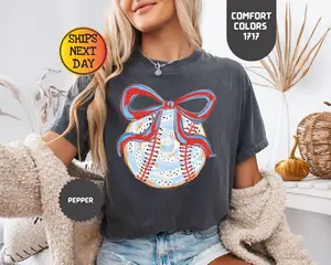 Comfort Colors Baseball Bow Shirt Coquette T-Shirt, Baseball Mom Gift, Trendy Baseball Gift
