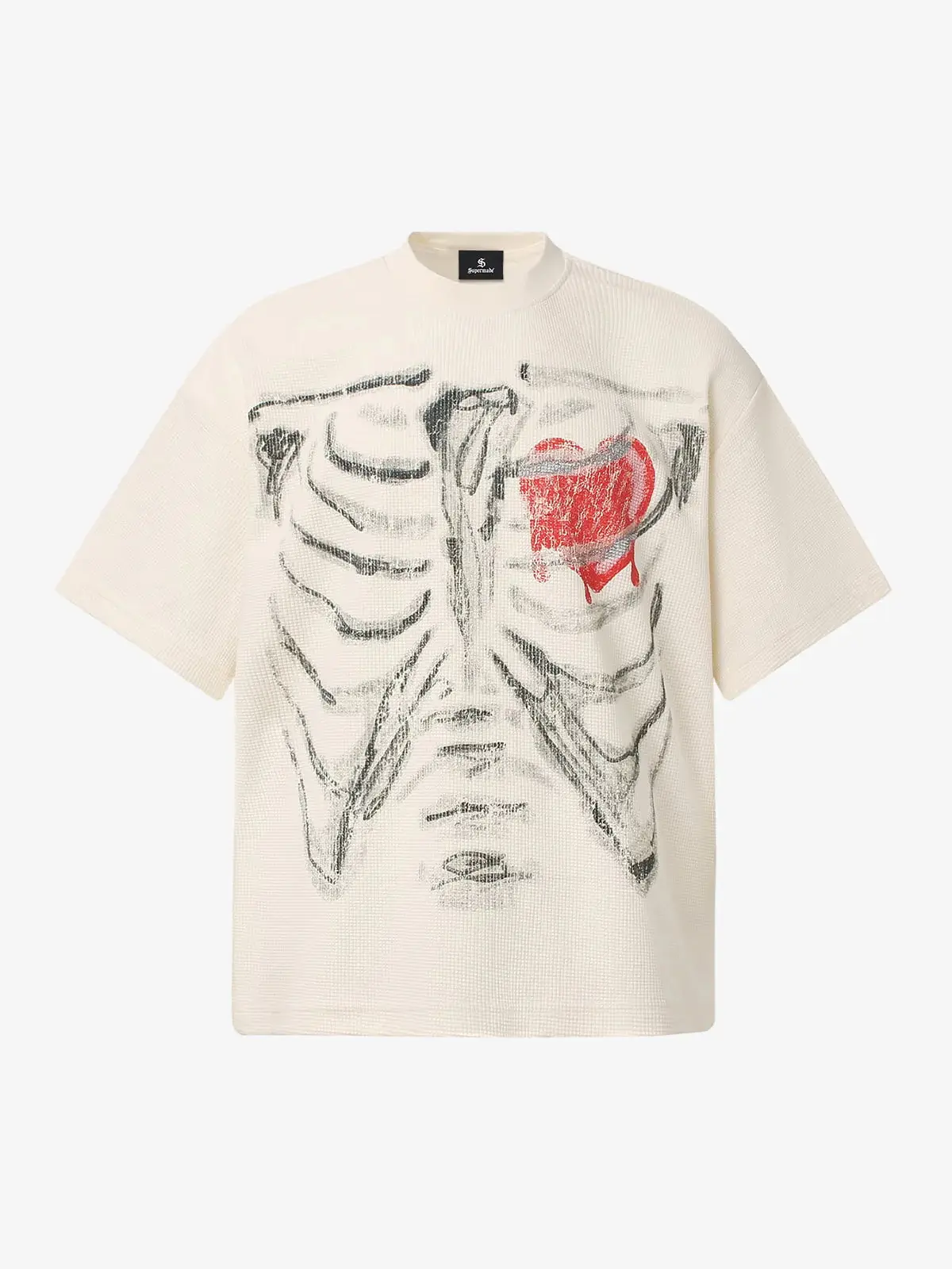 Supermade Men's Streetwear Skeleton Graphic Crewneck T-Shirt, Relaxed Fit Cotton Waffle Knit with Distressed Heart Print, Shortsleeve, Round Neck, Menswear, Tee, Fabric, Oversized, Casual, Skeleton+Heart, Graphic Tee, Textured, Tshirt, Graphic Shirts