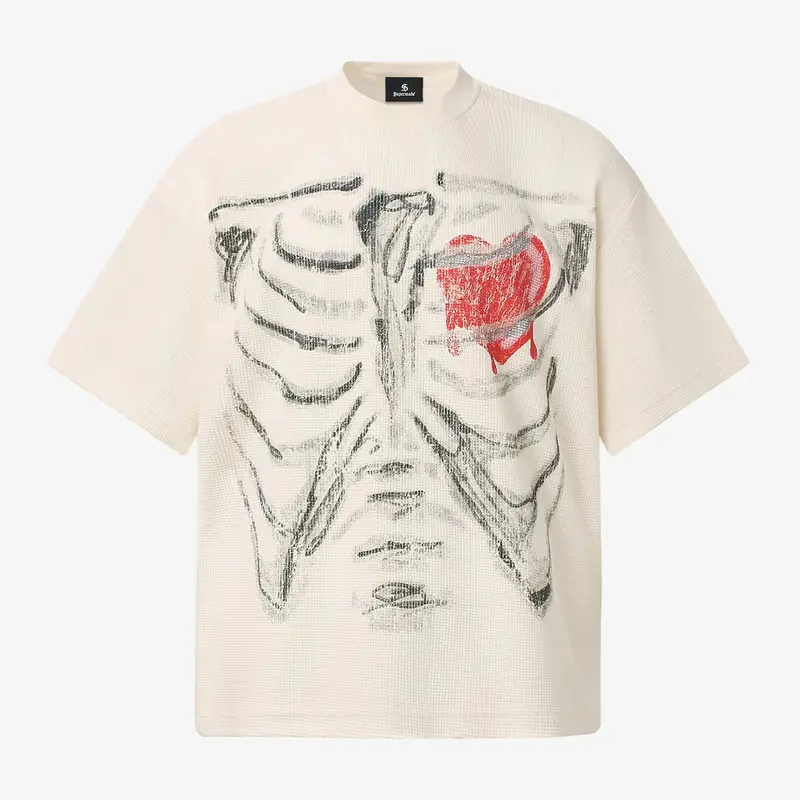 Supermade Men's Casual Graphic T-Shirt - Streetwear Street-Grunge Style, Skeleton Rib & Distressed Heart Print, Cotton Waffle Knit Fabric, Relaxed Oversized Fit, Short-Sleeve Round Neck Menswear Tee