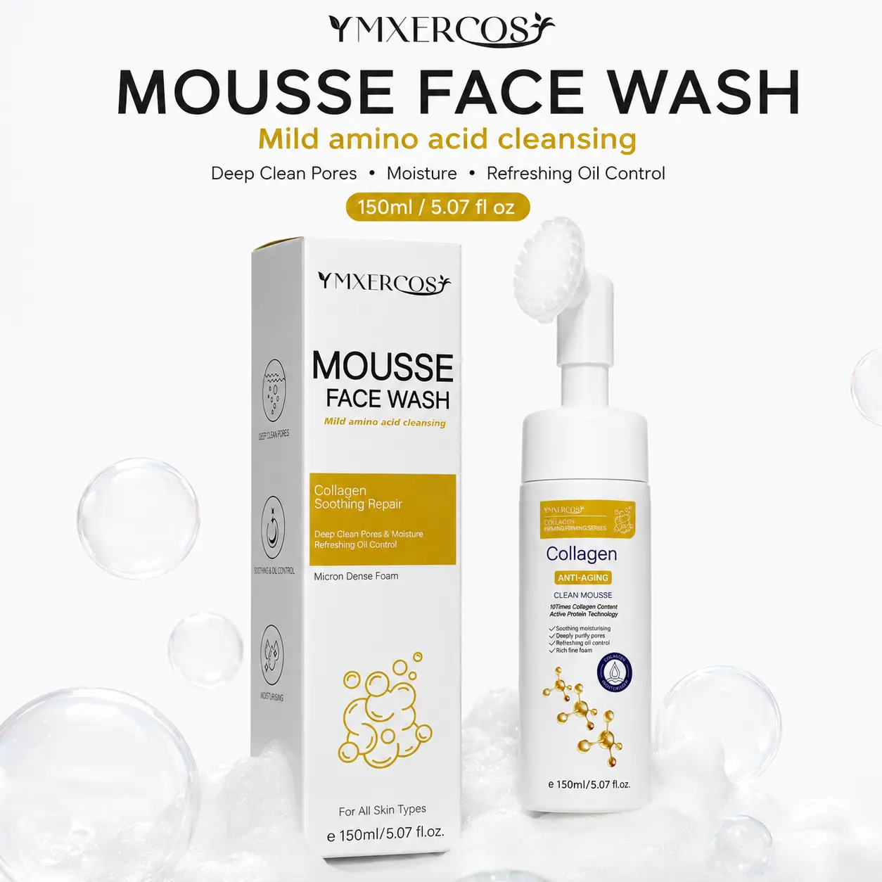 YMXERCOS Collagen Foaming Face Wash with Silicone Cleansing Brush, Deep Pore Cleansing Mousse for Oil Control & Moisturizing, Gentle Facial Cleanser for All Skin Types, 150ml