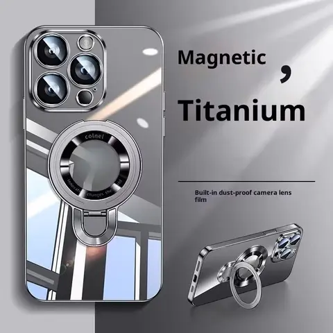 High-Quality Shockproof Full Cover Phone Cases for iPhone Series - Fits iPhone 17,17 Air,18,16,15,14,13,12 Pro Max Plus, Electroplated Titanium Magnetic U-Shaped Stand, Missing Tag Mobile Phone Accessories