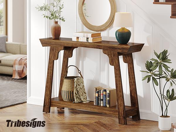 Tribesigns 2-Tier Console Table, 41.3” Wood Entryway Table with Storage Shelf, Farmhouse Narrow Sofa Table for Foyer, Hallway, Living Room, Rustic Brown