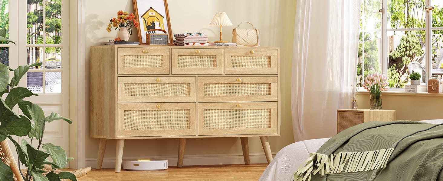 47" Rattan Dresser for Bedroom 7 Drawer Farmhouse Style with Deep Wood Drawers Clothes Storage Cabinet for Living Room & Bedroom French Country Design 47" Rattan Dresser for Bedroom 7 Drawer Farmhouse Style with Deep Wood Drawers Clothes Storage Cabinet for Living Room & Bedroom French Country Design
