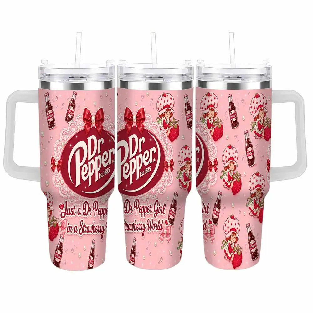 Straw-Included Soda Theme Stainless Steel Vacuum Insulated Tumbler (40oz/30oz) - Aesthetic Strawberry Girl Pattern, Spill-Proof Leakproof Cup for Daily Use, Travel, Birthday Gift Kitchenware Drinkware