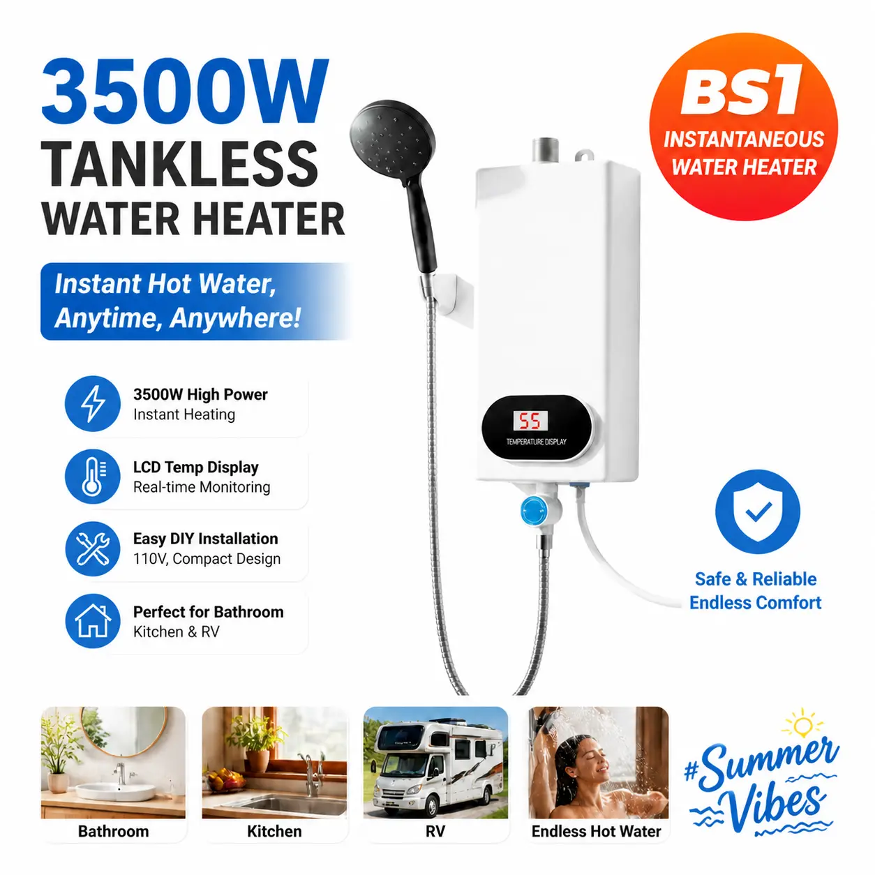 3500W Power Tankless Electric Water Heater (110V Plug) - Household Appliances with Instant Heat, LCD Temp Display, Digital Control, Shower Head, Compact Design, Strong and Stable Water Flow, Perfect for Bathroom, Kitchen