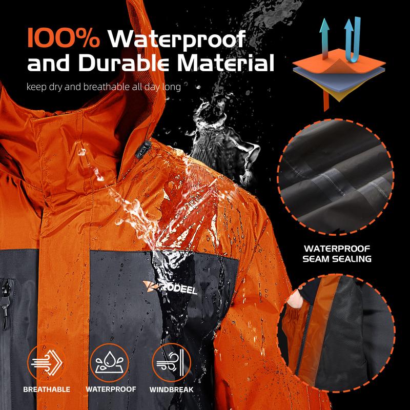 【RODEEL】702 Waterproof Jacket and Pants Set Men Lightweight Breathable Full Zip Hooded Rain Coat Durable Rain Suit Weatherproof Rainwear Windbreaker For Outdoor Sports Hiking Fishing Boating Construction Roofing Landscaping Gardening, Holiday Gift