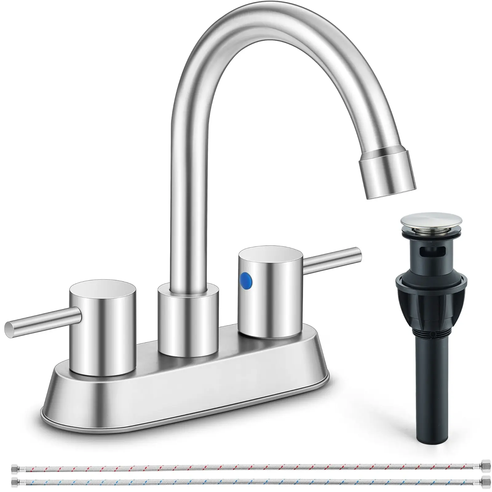 Bathroom Faucets for Sink 3 Hole, 4 inch Brushed Nickel Bathroom Sink Faucet with Pop-up Drain and Supply Lines, Stainless Steel Centerset Faucets for Sink Vanity RV