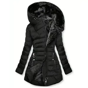 Zippered Hooded Down Jacket, Casual Long Sleeve Pocket Faux Lined Warm Winter Jacket, Women's