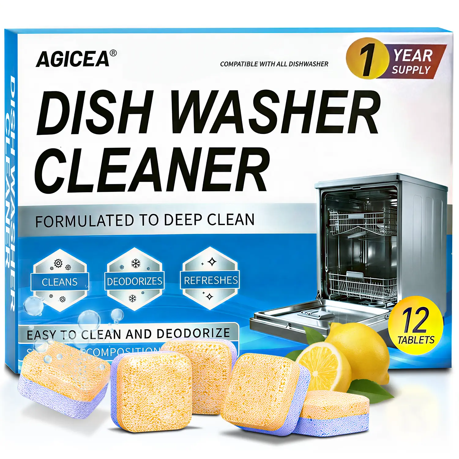 AGICEA Dishwasher Cleaner Tablets (12-Pack) – Deep Cleaning & Odor Removal, Hard Water & Limescale Descaler, Septic Safe，Summervibes