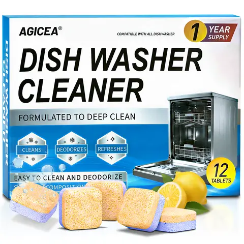 AGICEA Dishwasher Cleaner Tablets (12-Pack) – Deep Cleaning & Odor Removal, Hard Water & Limescale Descaler, Septic Safe，Summervibes