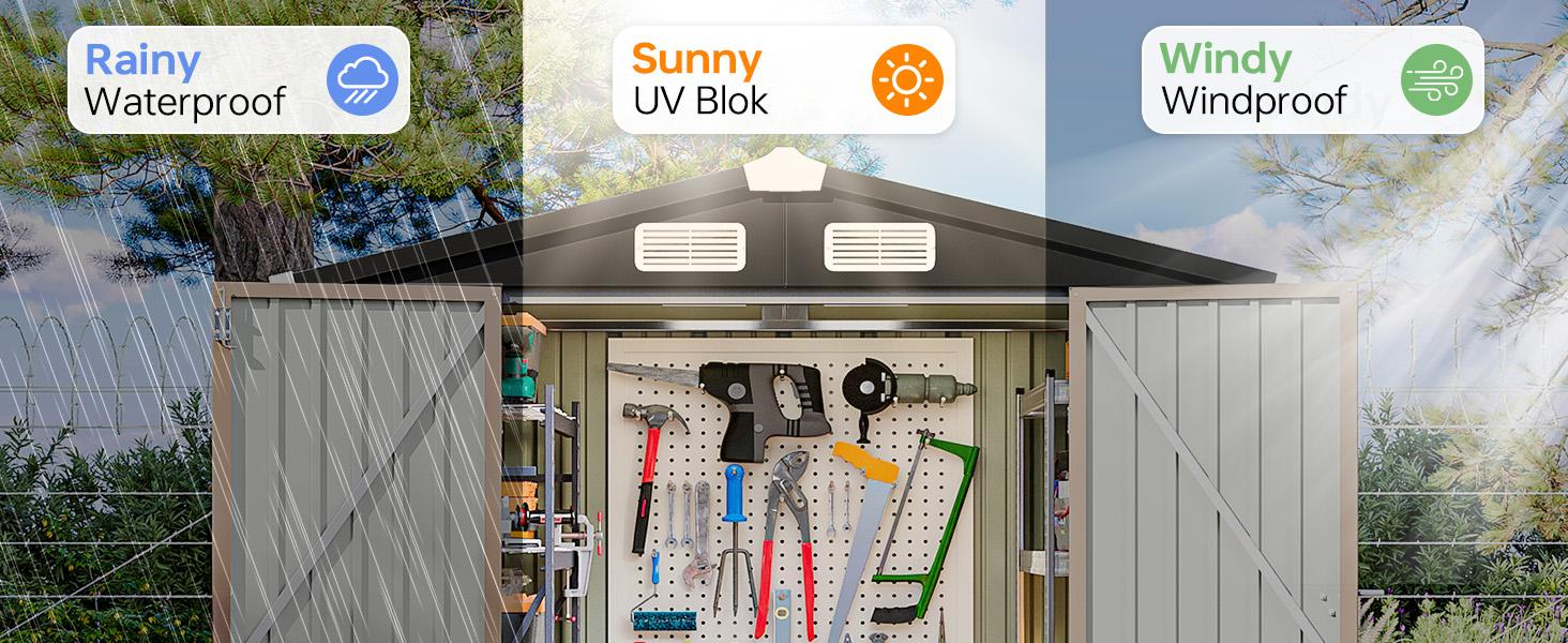 Aoxun 6' x 8' Storage Shed with Base Outdoor Steel Garden Utility Cabinet with Lockable Door Waterproof & Rust-Proof for Yard, Patio, Backyard (Brown, Base Included)