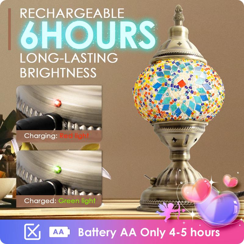 Yarra-Decor Turkish Moroccan Lamp with Bronze Base Handmade Tiffany Mosaic Glass Portable Bedside Lamp Rechargeable 2000mAh LED Bulb Blue1 Illuminated Lantern Modern Design Ideal Gift Christmas gifts Adjustable Brightness Lights Valentine's Day gifts