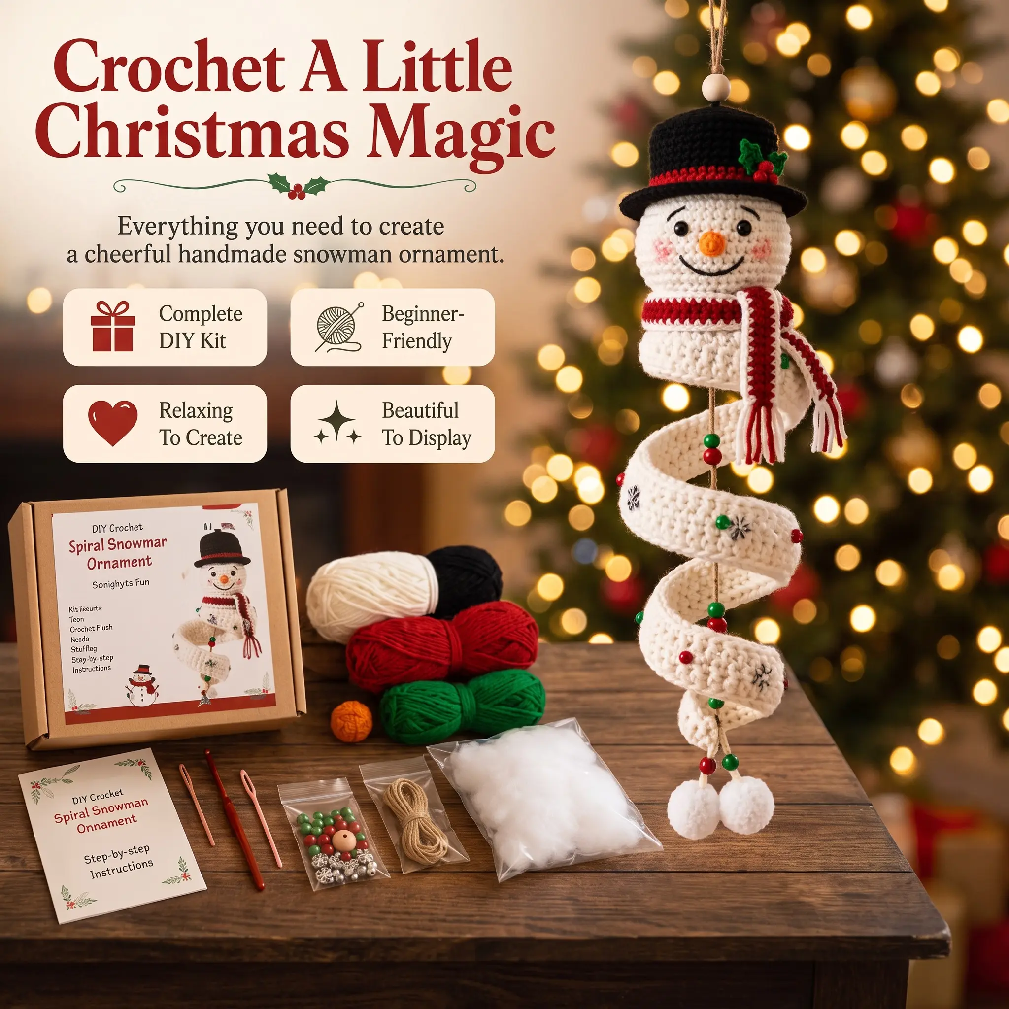 DIY Crochet Kit for Spiral Snowman Christmas Ornament, Beginner Friendly Handmade Christmas Hanging Decor Craft Kit