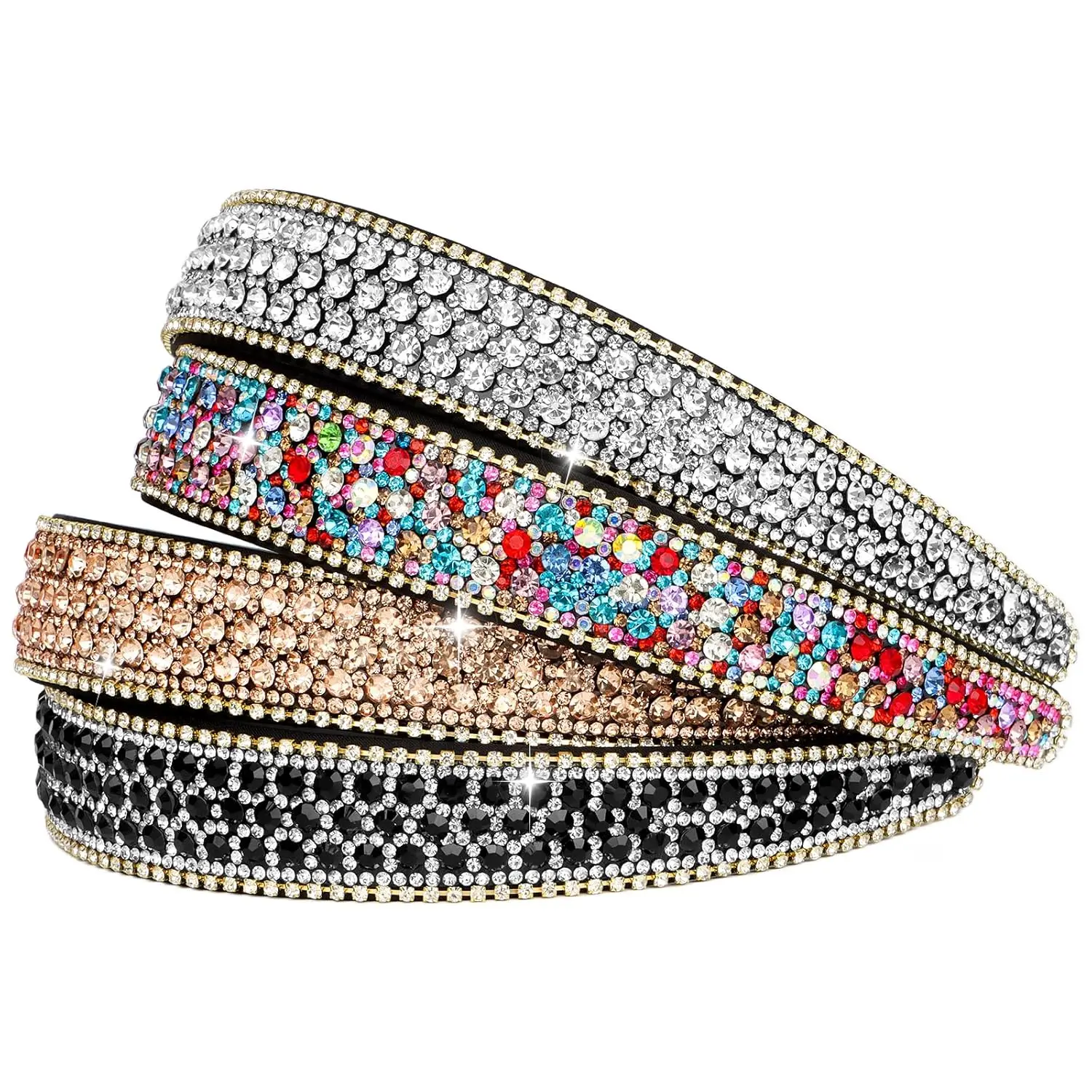 4 Pack Headbands for Women, Chunky Bling Hair Accessories with Mixed Rhinestones, Lightweight & Comfortable for Party Wear - 4 Color Set, Coffee, Bling Hair Fashion, Rhinestone Mix, Hand Embelished With Crystal Rhinestones