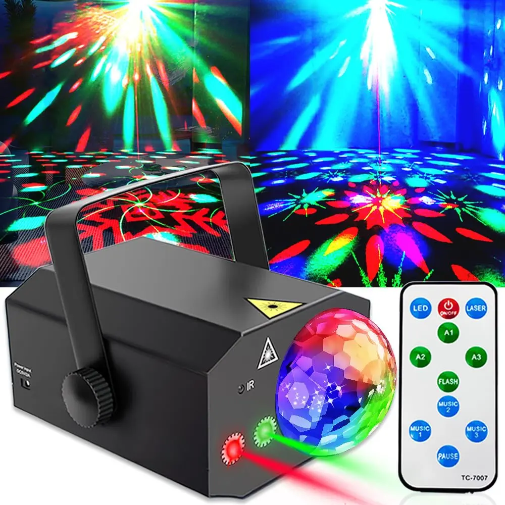 Flower Dance Disco Ball Stage Lights Complete Kit - RGB Lasers, Strobe, Sound-Activated, Adjustable Light Color, Remote Control, USB Port, 360 Degree Adjustable Brackets, Indoor/Outdoor Use, Music Sync, 300-600 Sq Ft Coverage, Ideal for Club-Style Parties
