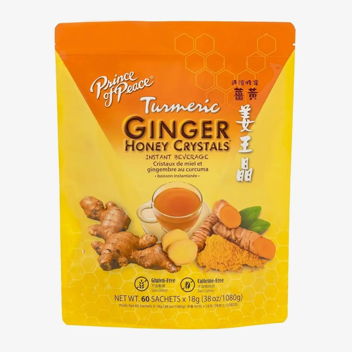Prince of Peace Instant Ginger Honey Crystals with Turmeric, Value Pack 60 Sachets – Instant Hot or Cold Beverage Easy to Brew – Drink Like a Tea – Caffeine and Gluten Free – Real Ginger 38oz (1080g)undefined