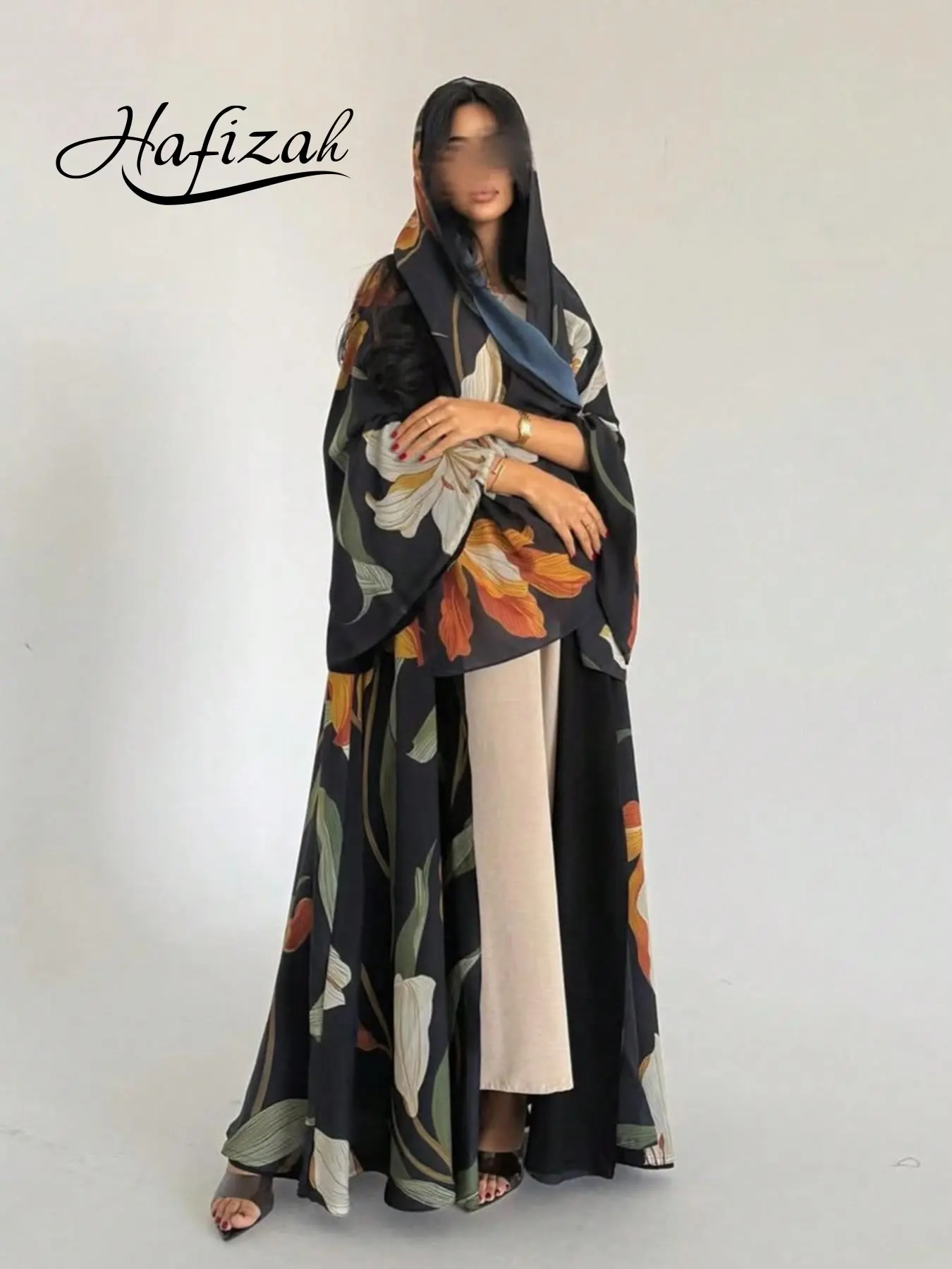 Hafizah Floral Print Modest Fashionable Islamic Abaya with Hijab, Loose-Fitting Muslim Women's Long Coat Set with Matching Headscarf, All-Season Middle Eastern Style