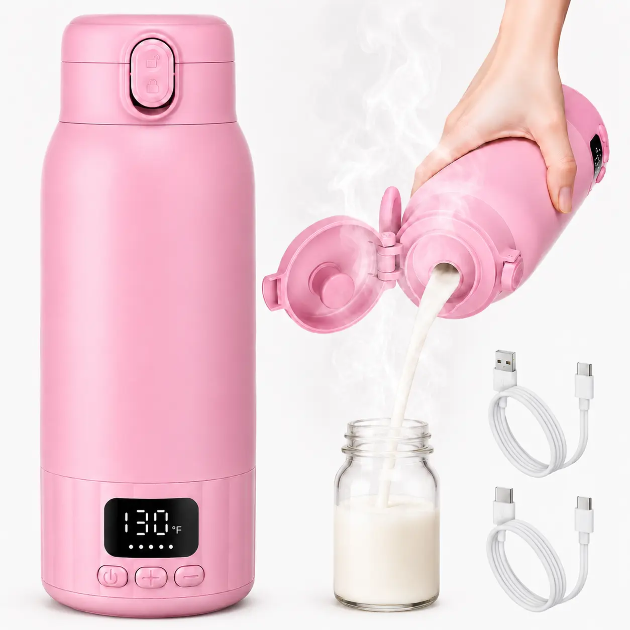 DDZJIAN Pink 17 Ounces Portable Milk Warmer with Fast Heating 98–131°F Temperature Control for Breast Milk & Water Leak-Proof & Travel Friendly tiktokshopbacktoschool,back to school,back to school haul