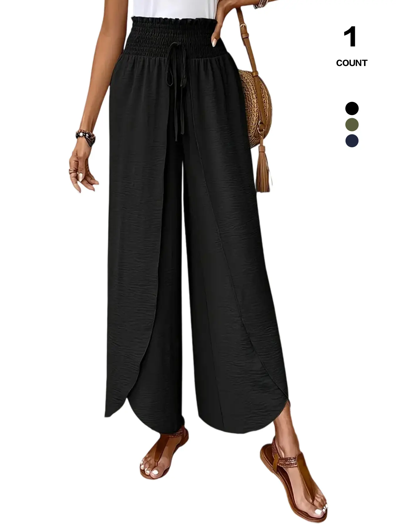 TFNOSIZE Women's Basic Minimalist Linen-Blend High-Waisted Wide-Leg Trouser - Breathable, Loose, Solid, Side Split, Elastic Waist Drawstring Casual Pants for 2026 Beach Vacation