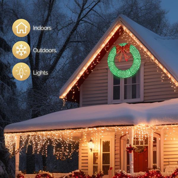48/60in Pre-Lit Christmas Wreath - 315 LED Outdoor Decor w/Timer Remote, Weather-Resistant Metal Frame & Red Bow (Green/Red)