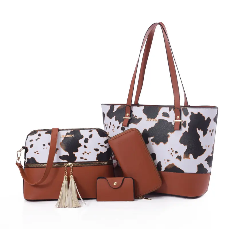 Women's 4pcs PU Leather Cow Print Handbags Set Pack - Large Capacity Casual Crossbody Bags for Women with Adjustable Shoulder Strap, High-Quality Fashionable Personalized Gifts, Adjustable Strap, Accessories For Women, Purse Shoulder Bag