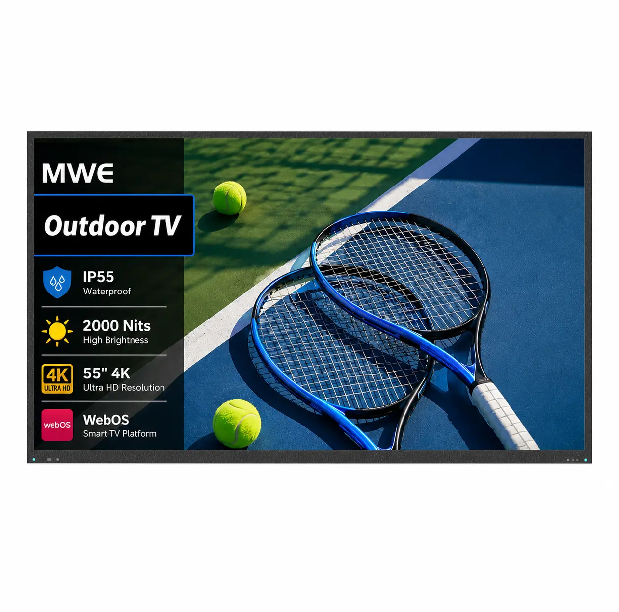 MWE 55" Outdoor TV, 2000Nit Ultra-Bright 4K UHD,Weatherproof Television, All-Weather Smart TV,  Voice Control, WebOS System, Perfect for Backyard, Poolside, Deck, RV & Outdoor Parties