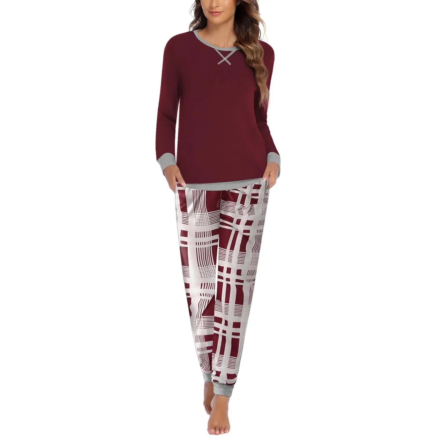 Women's Soft 2-Piece Long Sleeve Jogger Pajama Set - Cartoon Design, Patch Pockets, Casual All-Seasons Nightwear, Cute Pink/Blue Polka Dots, Ideal Gift for Lounging