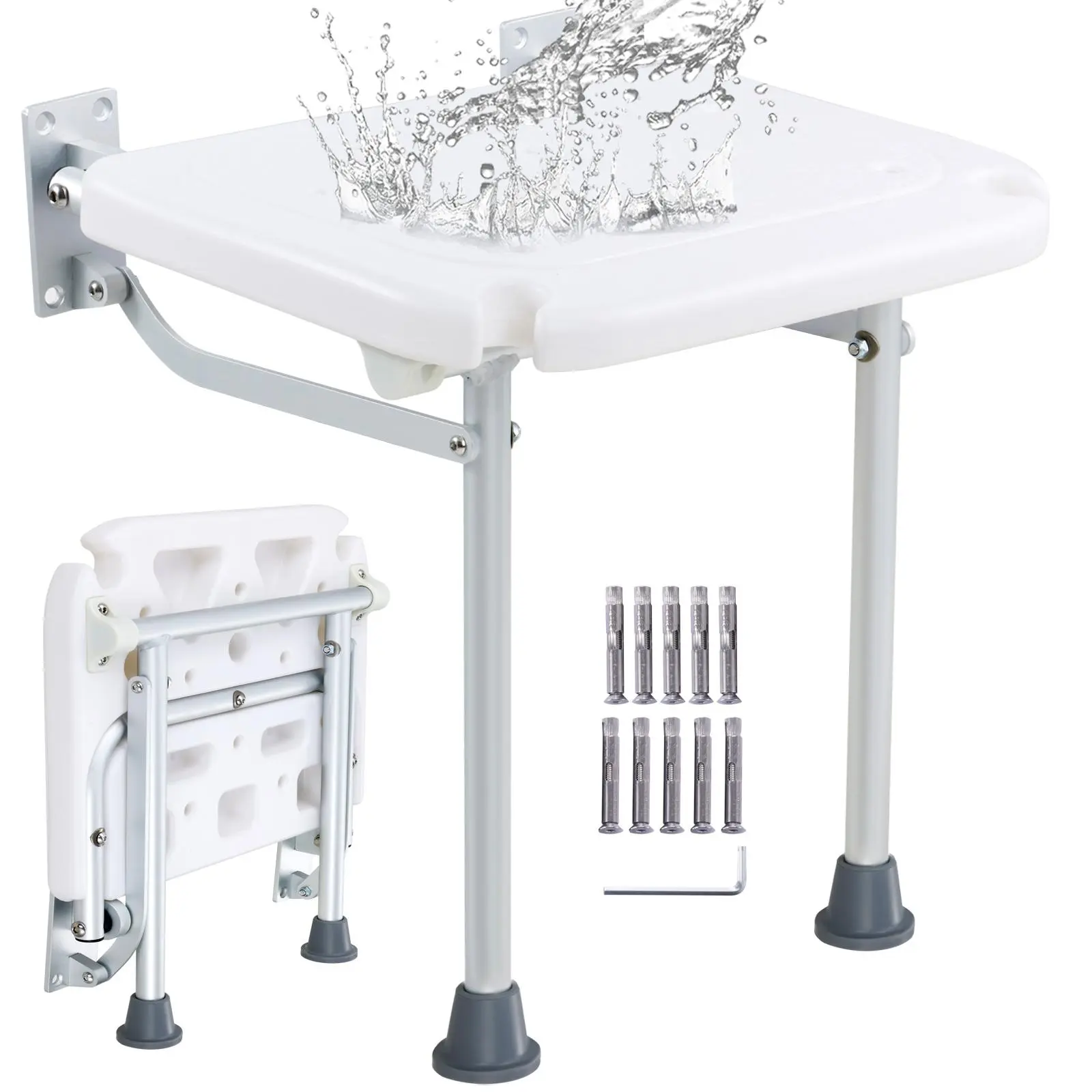 【SummerFinds】VEVOR Folding PE Shower Seat, 15.7'' x 14.8'' Unfolded, Wall Mounted Fold Up Shower Bench with 500 lbs Load Capacity, Space Saving Fold Down Shower Chair for Seniors Pregnant Women Children Adults