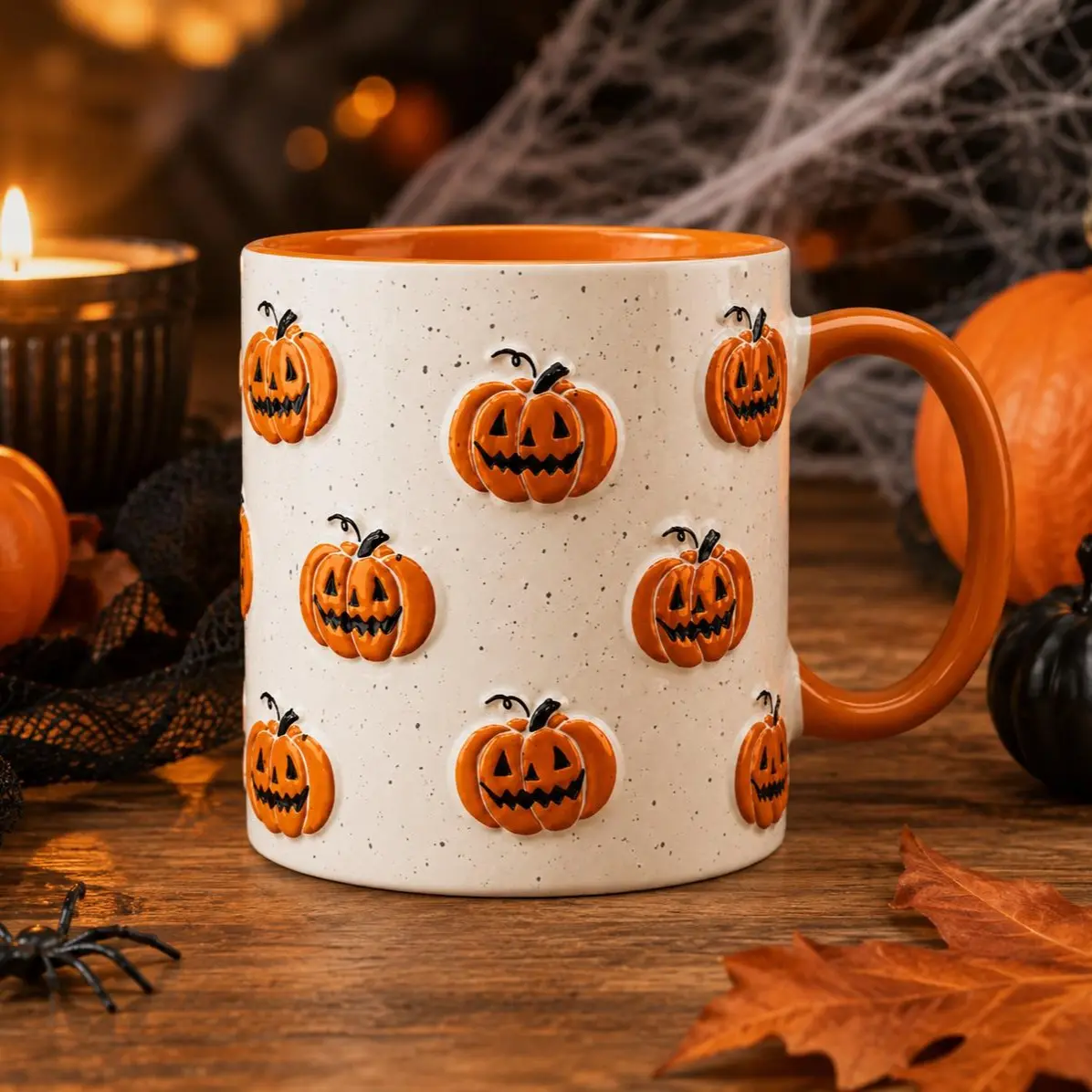 3D Embossed Accent Mug with Jack O Lantern Pumpkin Halloween Design
