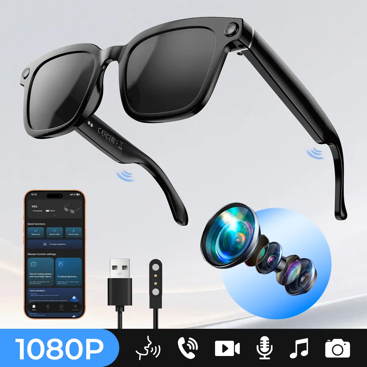 Smart Glasses with Bluetooth, 1080P HD Video Recording, Wireless Audio Sunglasses with Built-in Headphones, Voice Assistant, Multi-Sports Outdoor Gadgets, Compatible with iPhone & Android, Recording Glasses,back to school,back to school haul
