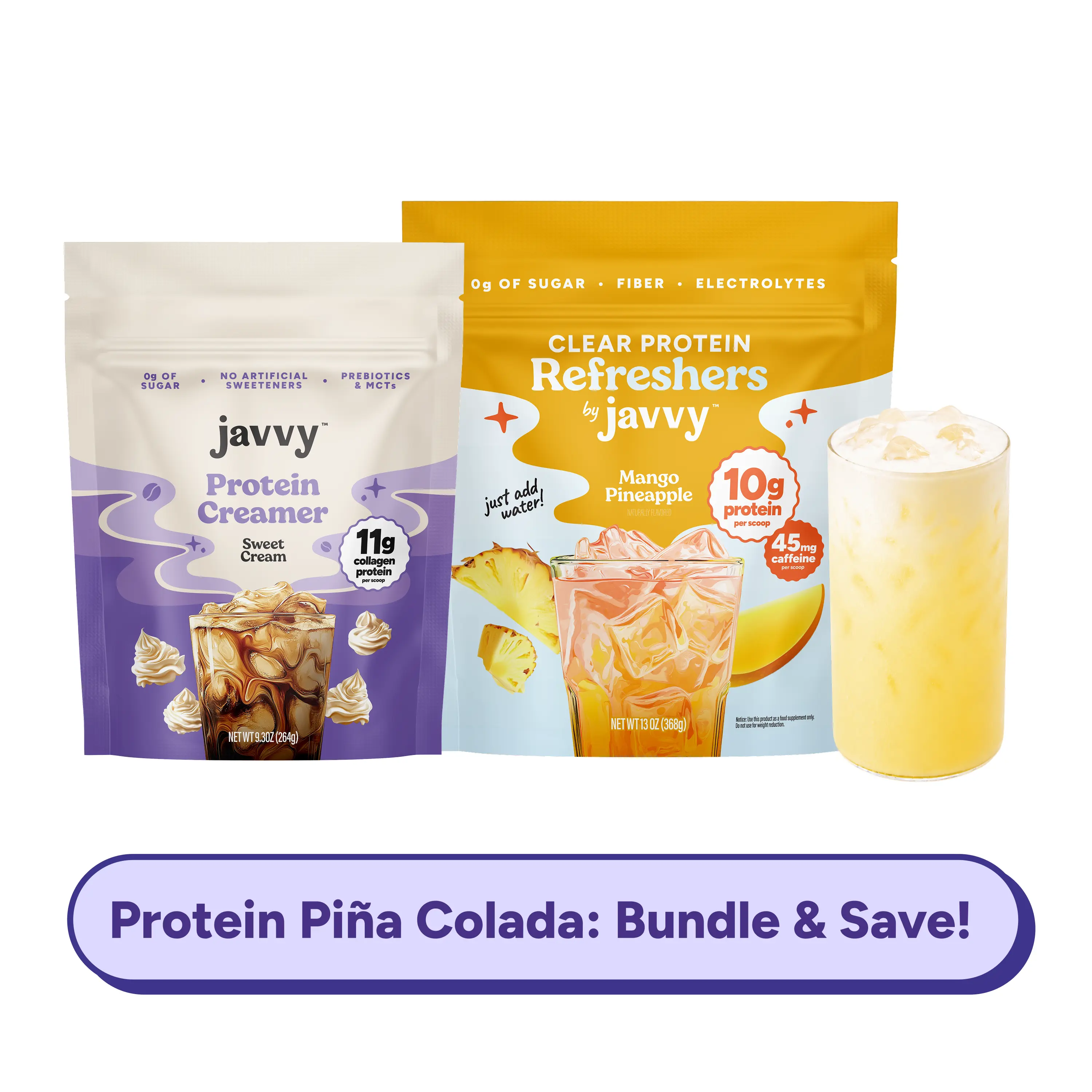 Javvy Protein Piña Colada TikTok Exclusive Bundle - Mango Pineapple Clear Protein Refresher + Sweet Cream Collagen Protein Creamer - 10g + 11g Protein, 45mg Caffeine, 0g Sugar, Fiber, Electrolytes & MCTs, Naturally Flavored, Just Add Water