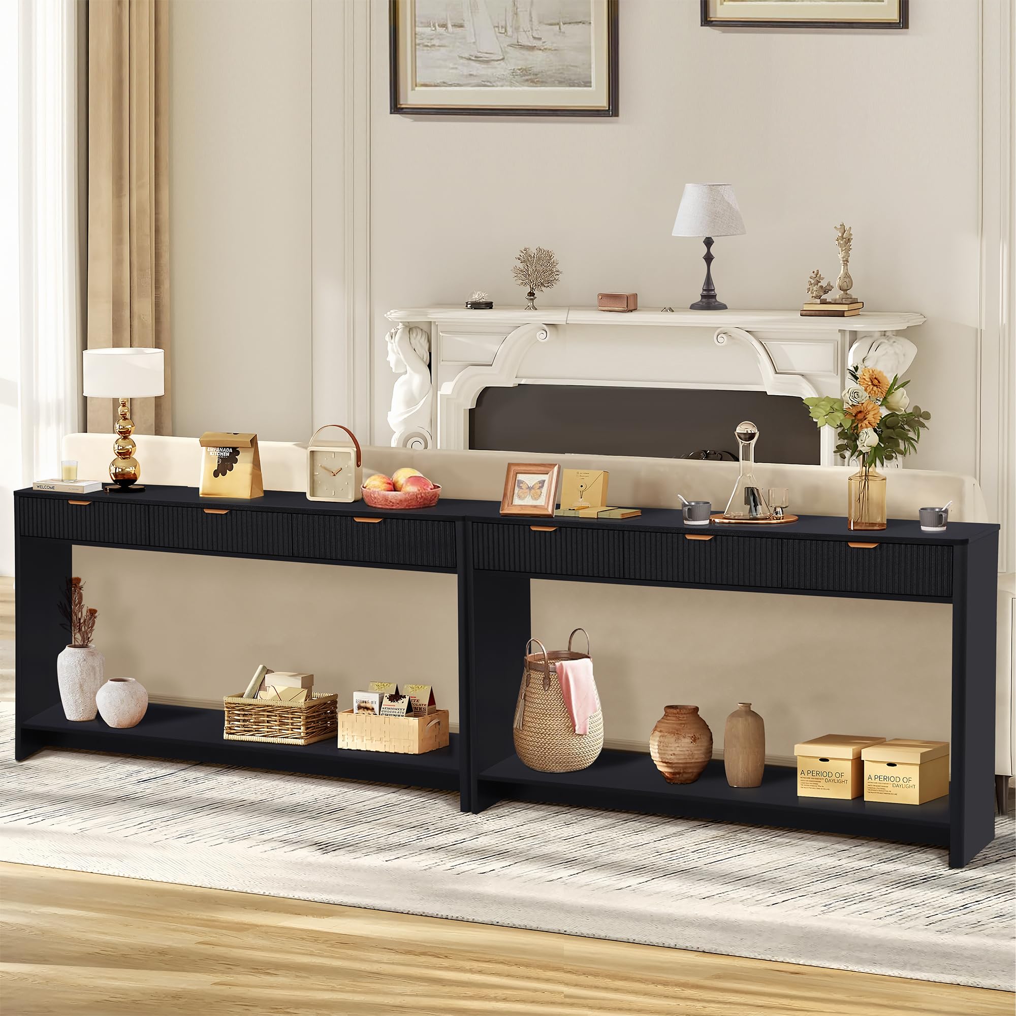 Giratree Narrow Console Table with 2 3 Drawers, Entryway Table with Storage, Table Behind Sofa Long for Living Room TV, Hallway Entrance Foyer, Mid Century Farmhouse Fluted Console Table