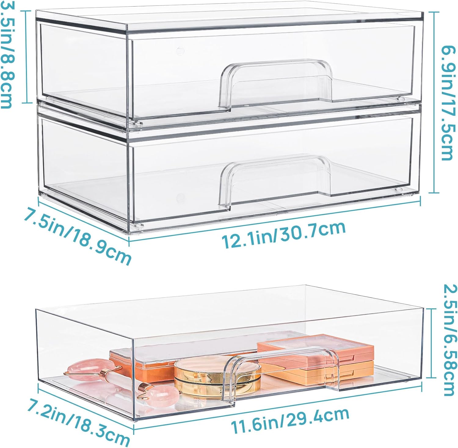 Vtopmart Stackable Storage Drawers Set of 2-8 Clear Plastic Organizer Bins for Nursery Bottle Station and Beauty Supplies Vanity Bathroom Cabinet Pantry Organization Multi-Size Flexible Design BPA-Free Safe New Year Gift