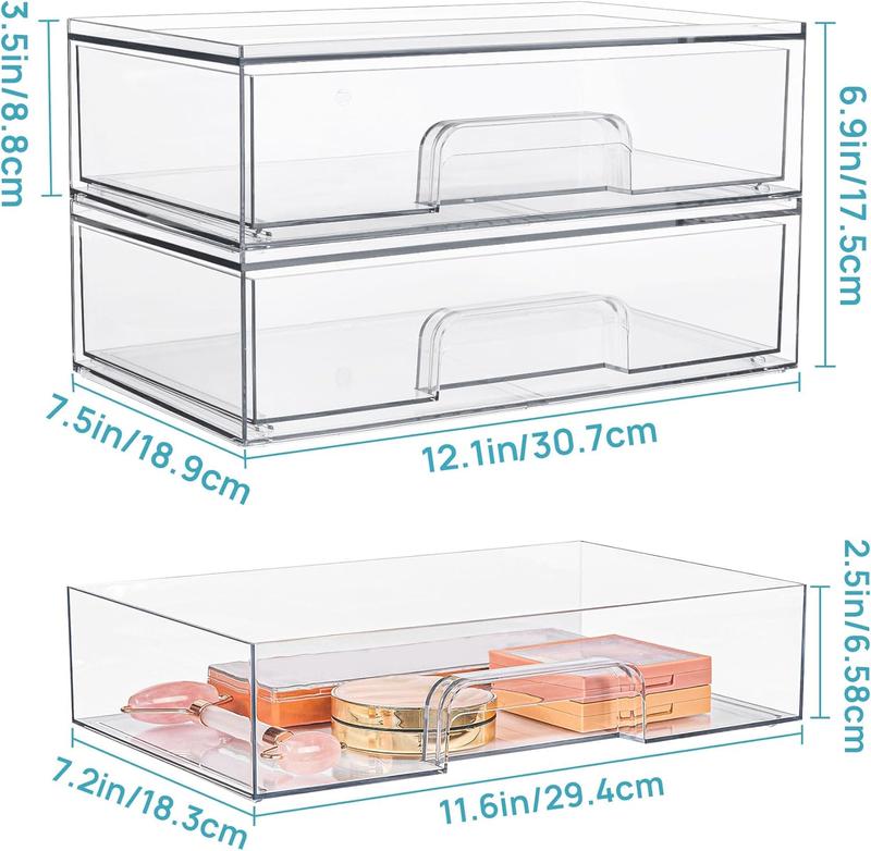 Vtopmart Stackable Storage Drawers Set of 2-8 Clear Plastic Organizer Bins for Nursery Bottle Station and Beauty Supplies Vanity Bathroom Cabinet Pantry Organization Multi-Size Flexible Design BPA-Free Safe New Year Gift