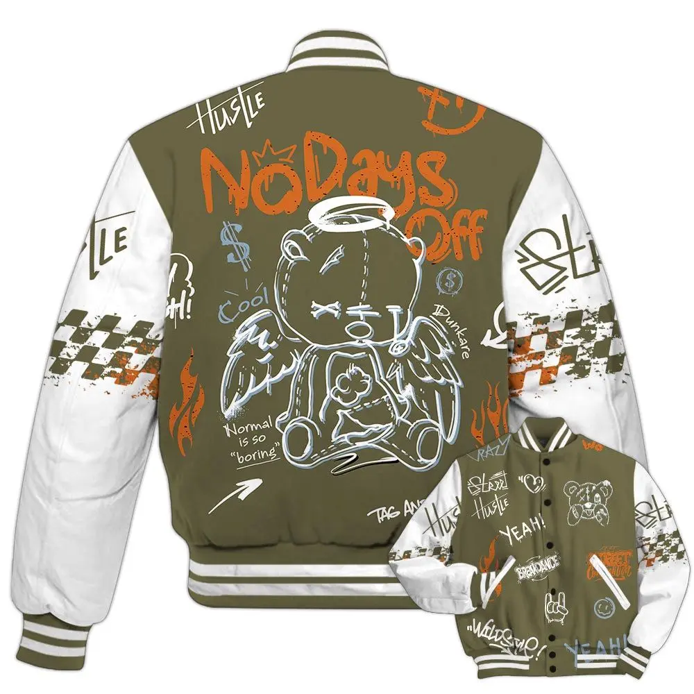 Match Olive 5s - No Days Off Retro Varsity Jacket Outfit, Athletic Varsity Jacket – Lightweight Performance