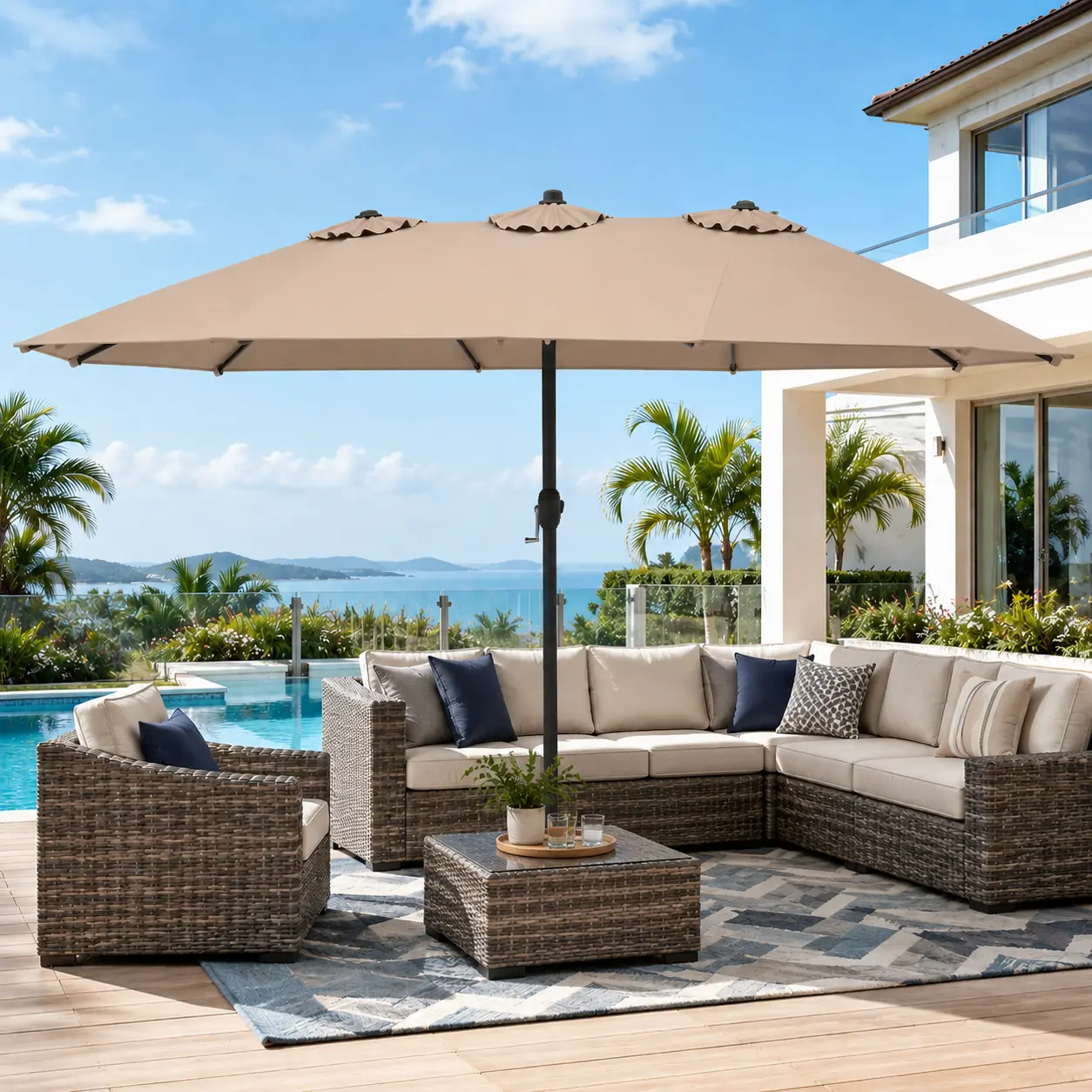 COSTWAY 15FT Double-Sided Patio Umbrella with Base, Extra-Large Market Umbrella W/Crank System, Outdoor Twin Umbrella W/ 12-Rib Metal Structure & Air Vents for Garden, Backyard, Poolside