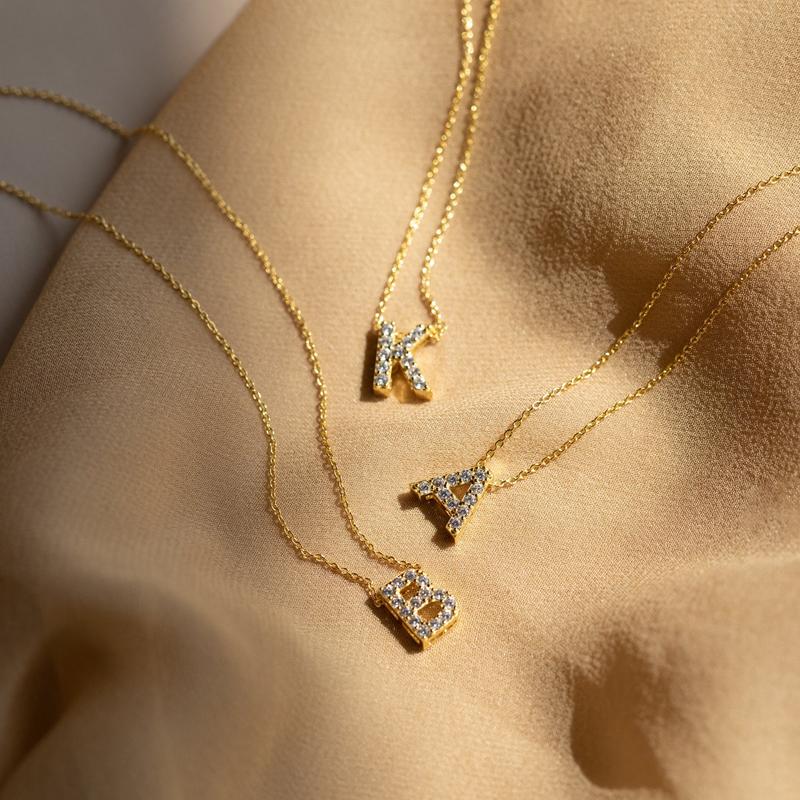 Dainty Pave Letter Necklace by Caitlyn Minimalist - 18K Gold Plated Initial Necklace - Custom Diamond Letter Pendant Necklace with Mirror Chain - Everyday Layering Necklace - Personalized Jewelry - Gift for Her