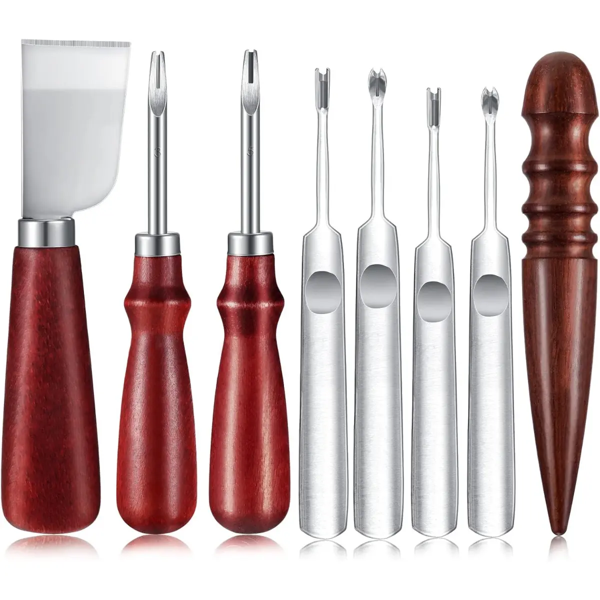 8-Pcs Durable Steel Leather Crafting Tool Set - Strong Metal Kit with Edge Chamferer, U/V-Shaped Groovers, Marking, Cutting, Polishing, Firing Functions, Light and Portable for Leathercraftsmen, Beginners (Belts Production)