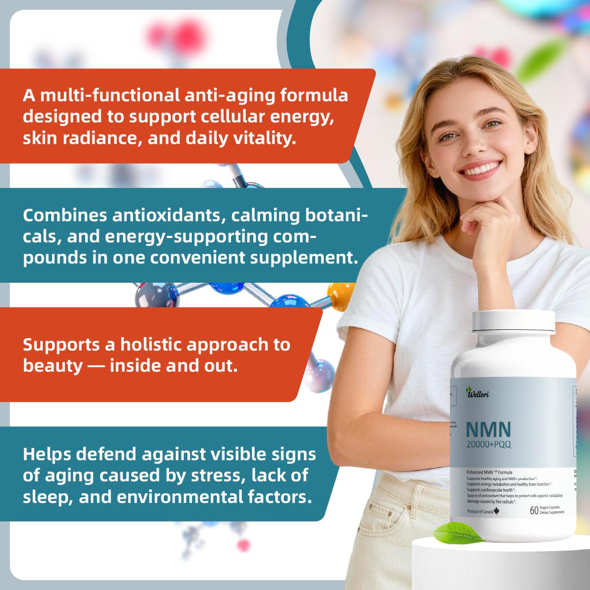 Wellori 20000mg NMN Supplement with PQQ GABA Resveratrol & Passion Fruit Extract for Anti-aging, NAD+ Production, Energy Metabolism, Brain Function, Cardiovascular Health, Antioxidant Protection - Edible, Healthcare