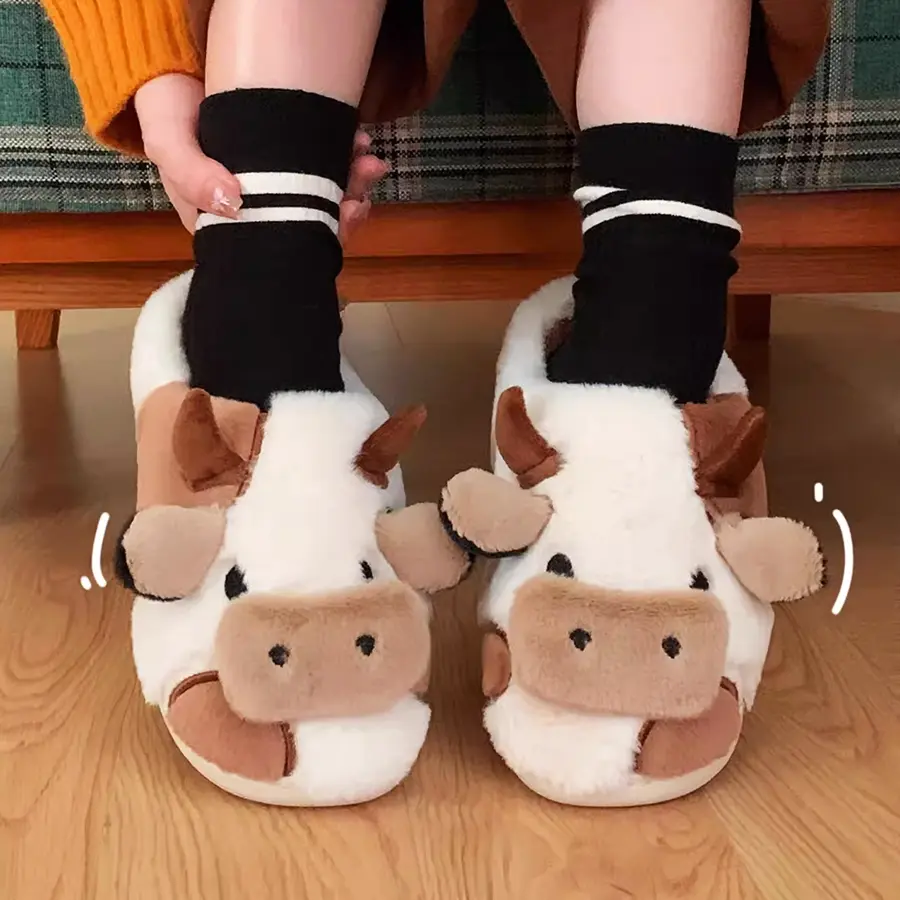 Women's Cute Cow Slippers - Fluffy Plush Cotton Slides with Non-Slip Rubber Grip, Cushioned, Warm Comfortable Indoor/Outdoor Footwear for Winter, Kitchen, Dining Room, Slippers For Women, Low Ankle