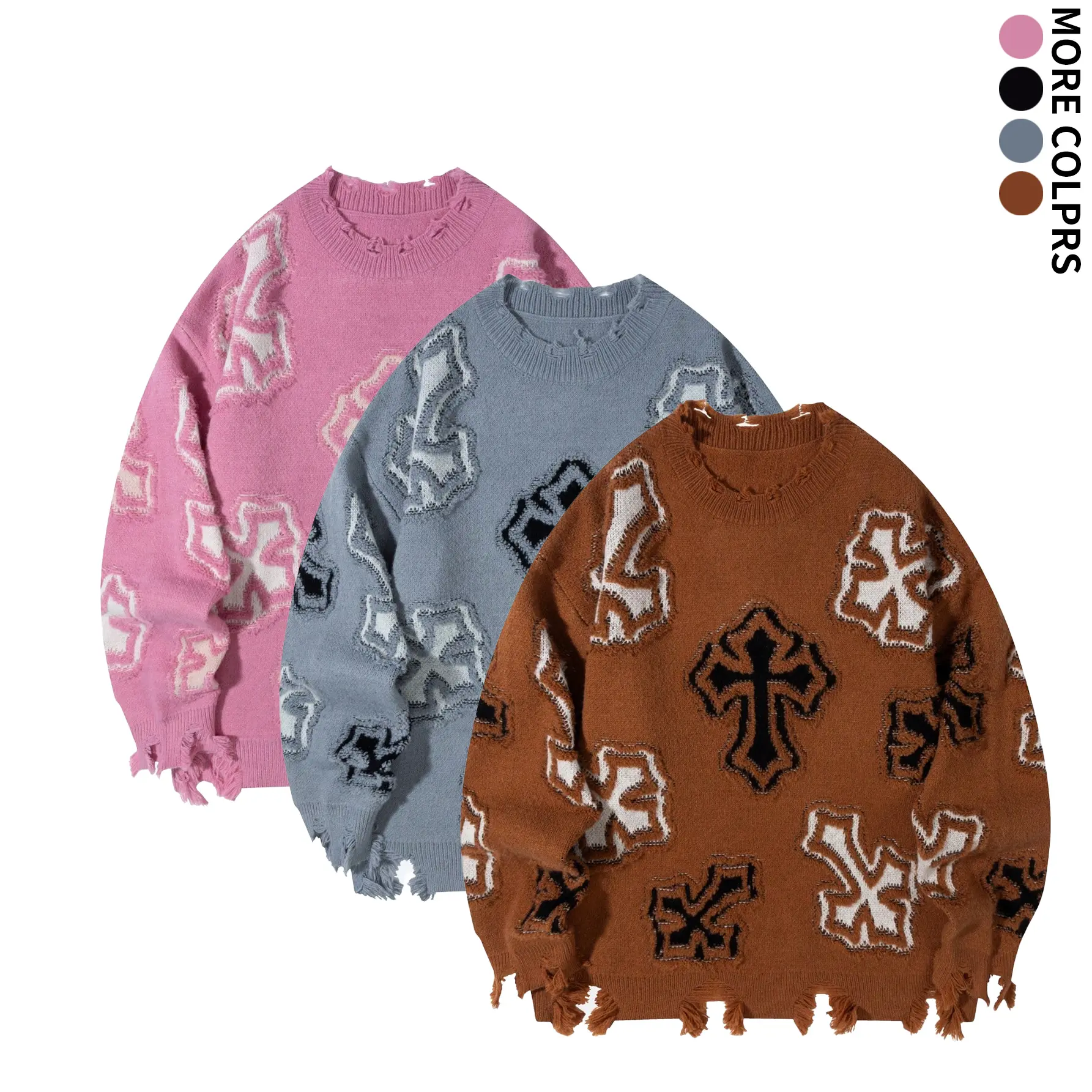 Men’s crewneck distressed fringe sweater, jacquard fabric, loose drop-shoulder fit, dark high-street style, trendy streetwear for everyday outings (Shipped from Lenexa Warehouse) casual knit sohochic men soft thick warm comfort