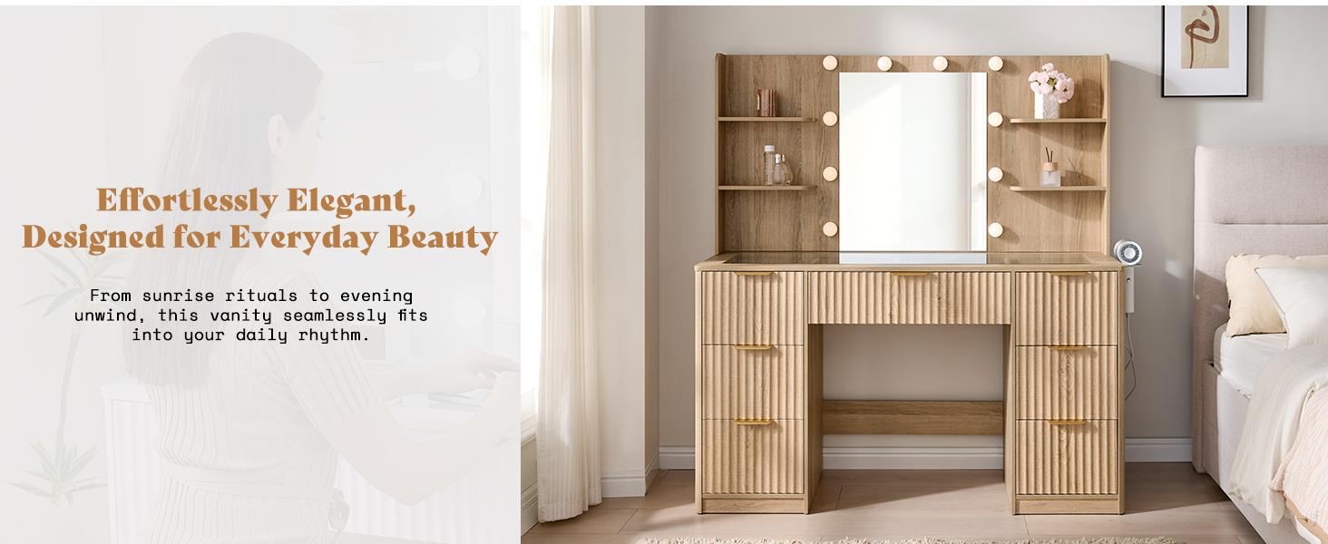 VanAcc 36.2/47.2" Fluted Vanity Desk with Mirror and Adjustable LED Lights, Large 4/7 Drawers Makeup Table with Glass Top and Charging Station for Women and Girls, Bedroom or Dorm