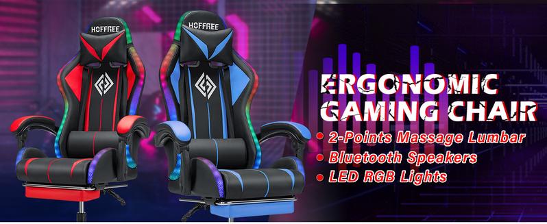HOFFREE RGB Gaming Chair with Speakers Massage Computer Gaming Chair with LED Lights and Footrest High Back Video Game Chair for Adults Red and Black
