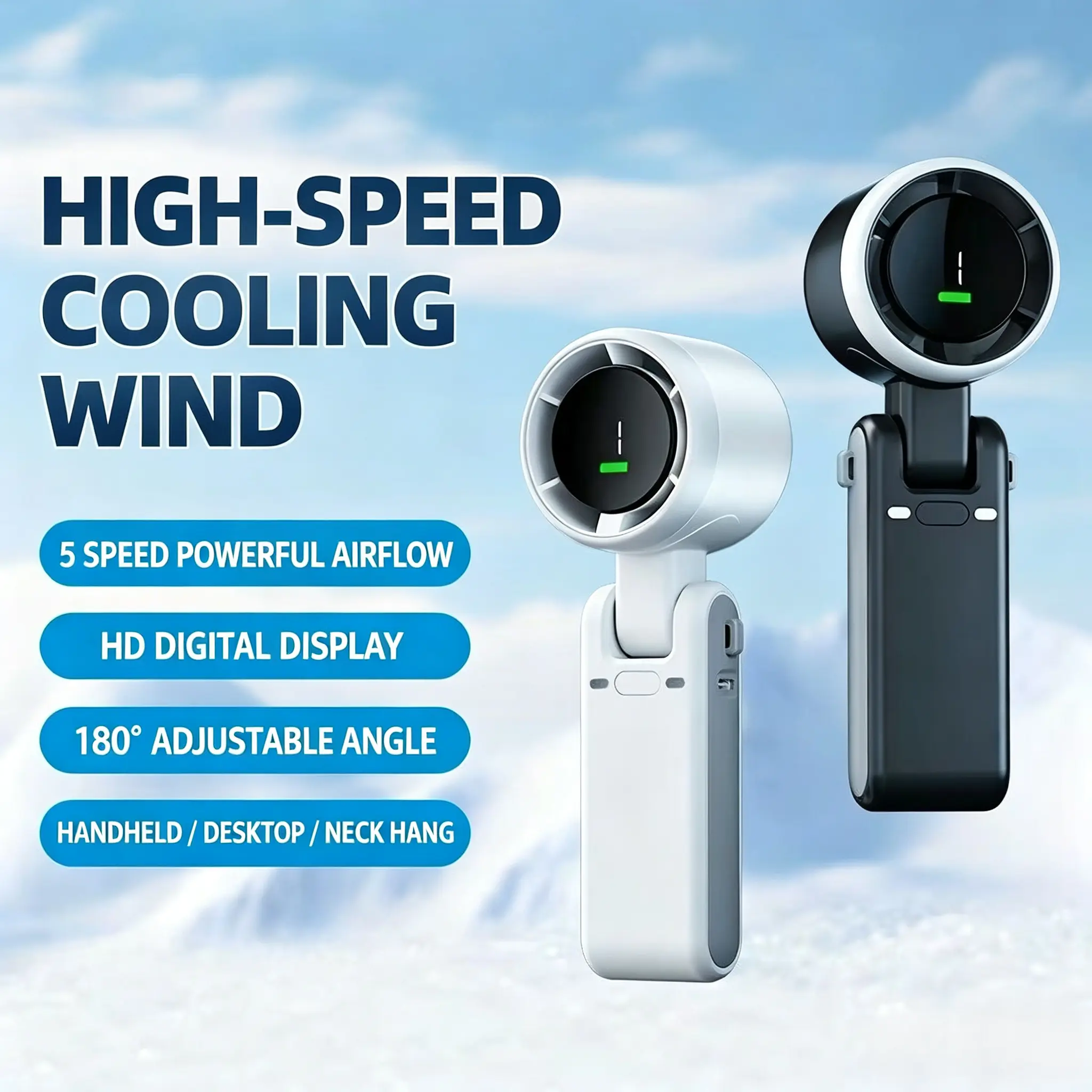 【VH】Foldable Compact Portable Handheld Turbo Ice Cooling Cordless Rechargeable Fan - Built-in Li-ion, 5-Speed Control, 13000 RPM, Up to 10H Cooling for Travel, Camping (Household Appliances, Party Gifts), Turbo Cooling