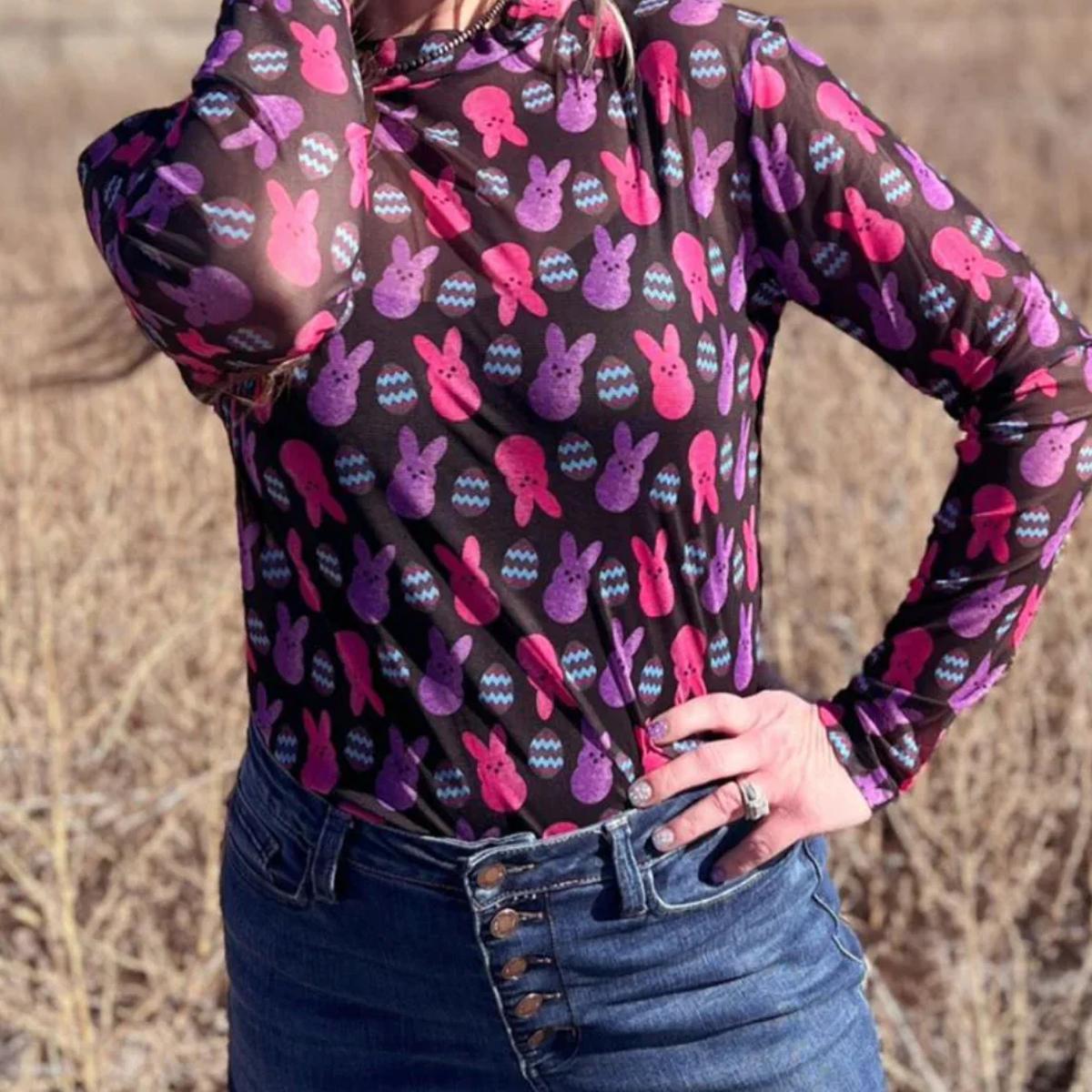 Znacicc Women's St. Patrick's Day Sheer Mesh Top with Green Clover Pattern Romantic Lettuce Edge Trim on High Neck and Sleeves Chic Everyday Look