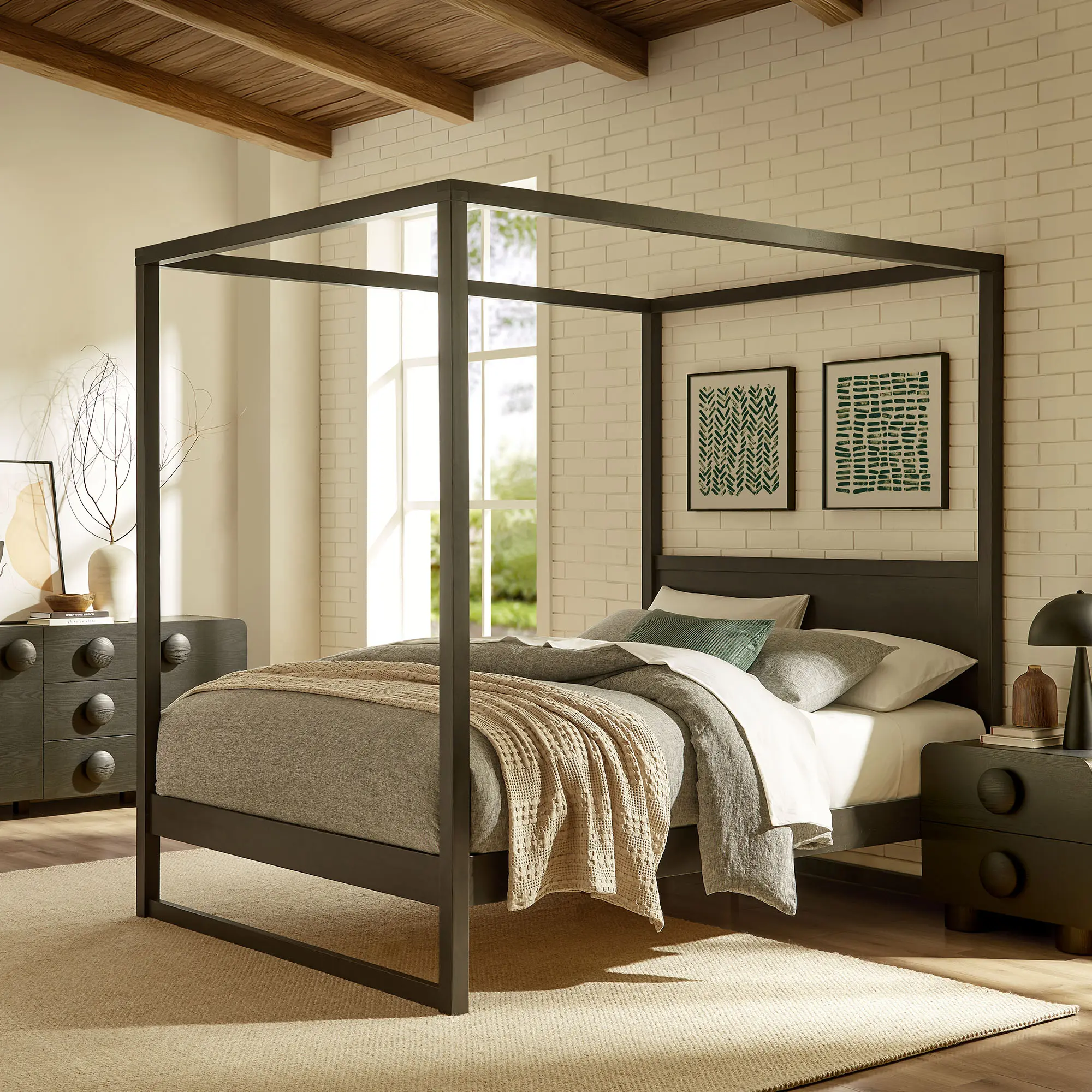 Alva Queen Wood Canopy Platform Bed in Smoked Oak