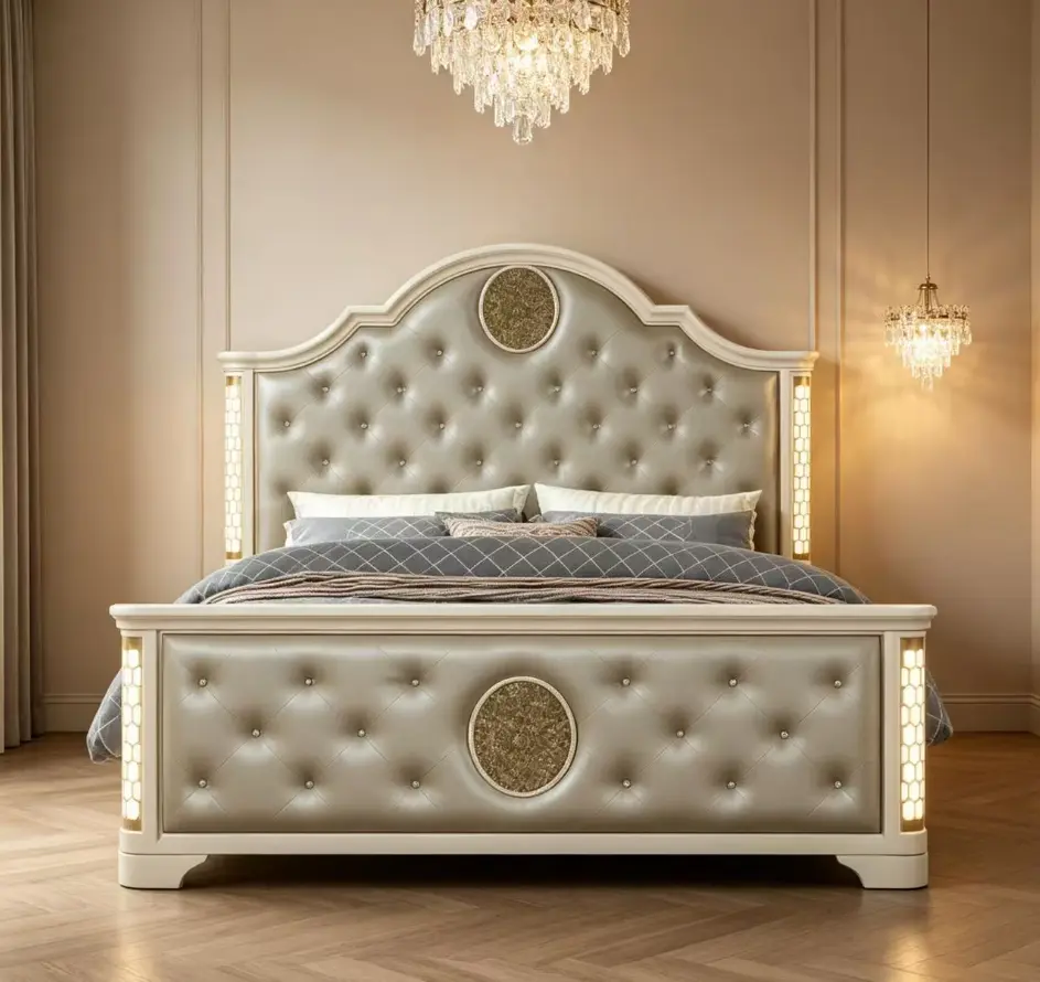 ModernBellemave Deluxe Beige Queen Bed Frame - Plush Interior, Mop Headboard, LED Lights, Sturdy Wooden Structure, Natural Finish Luxury Wood Accent Elegant Bed Frame for Modern Bedrooms, Light Up Your Space, Bed Frames